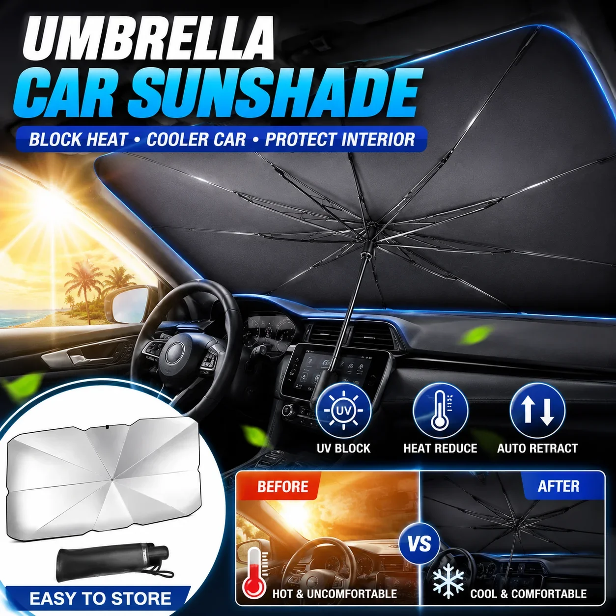 Car Sunshade Windshield Umbrella Foldable - Parasol plegable para coche, visera para